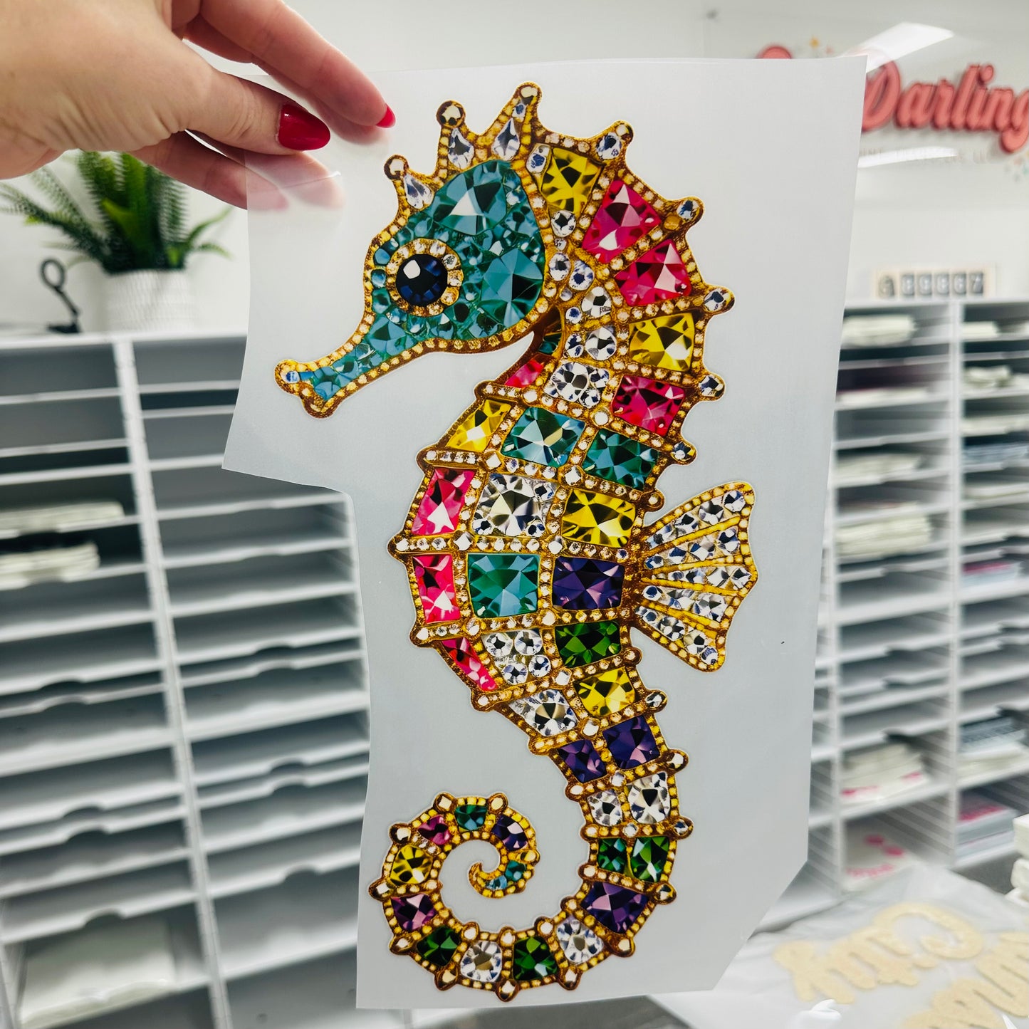 gemstone seahorse clear film screen print