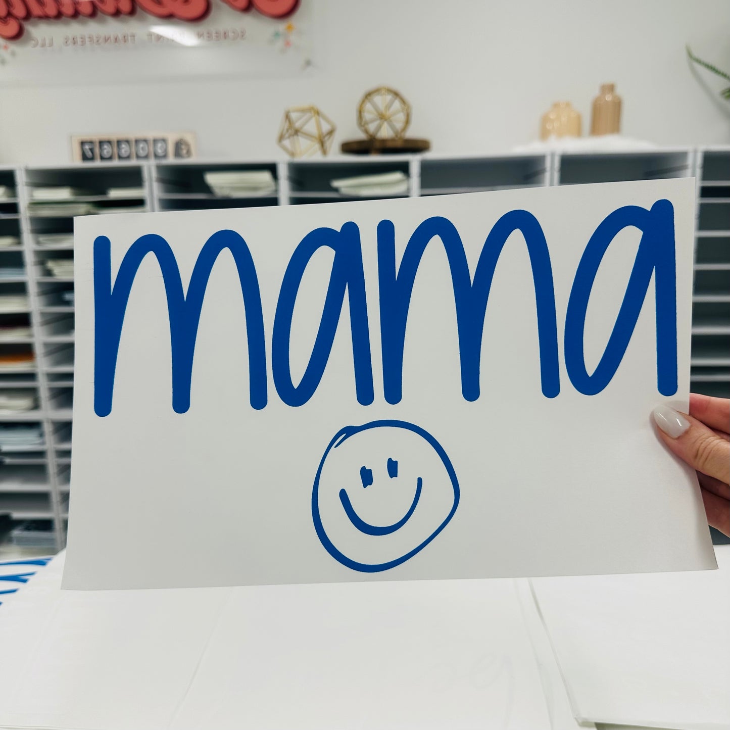 mama bright blue screen print transfer•