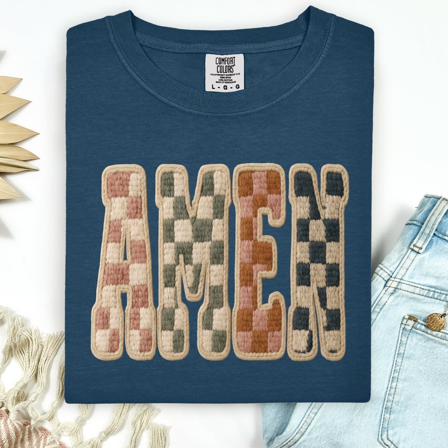 Amen checkered clear film screen print