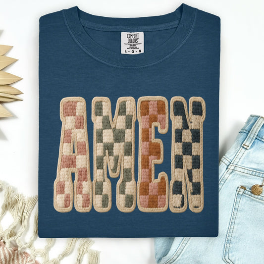 Amen checkered clear film screen print