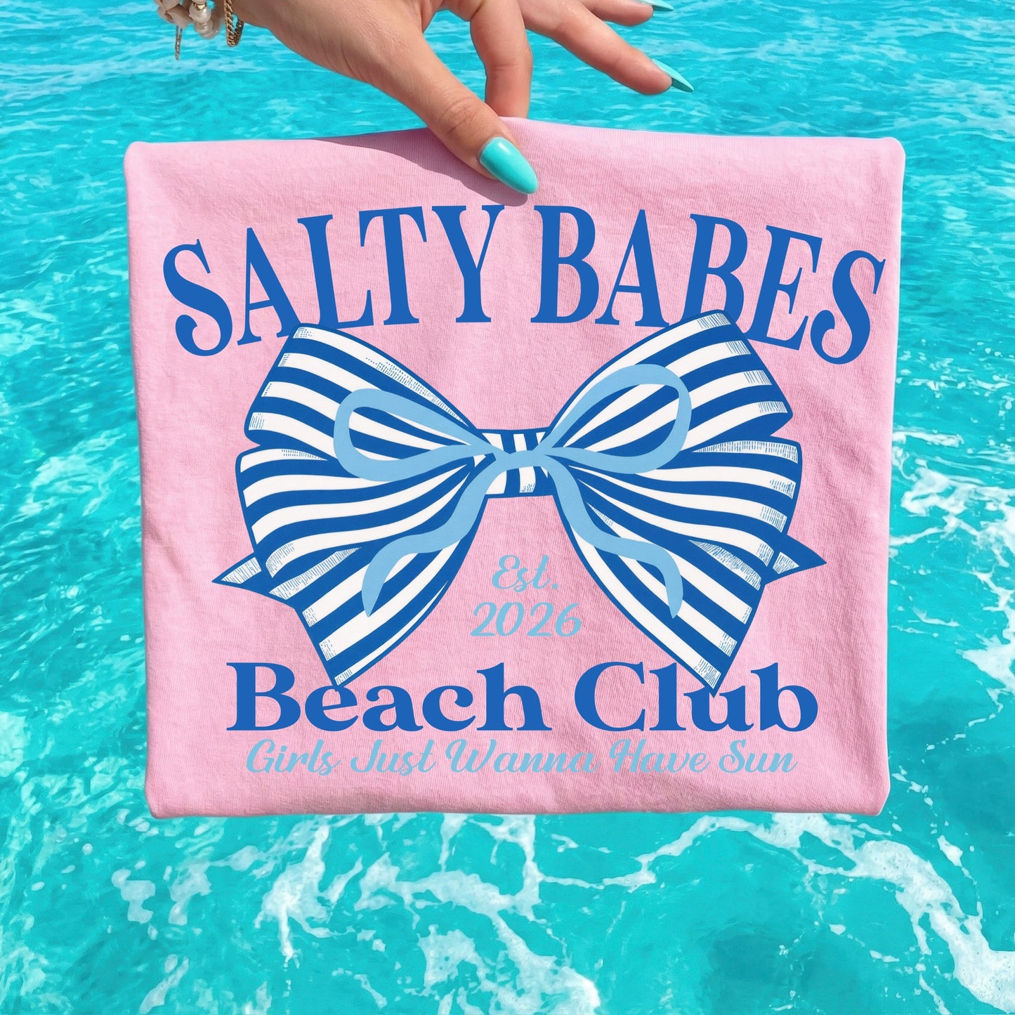 salty babes beach club clear film screen print