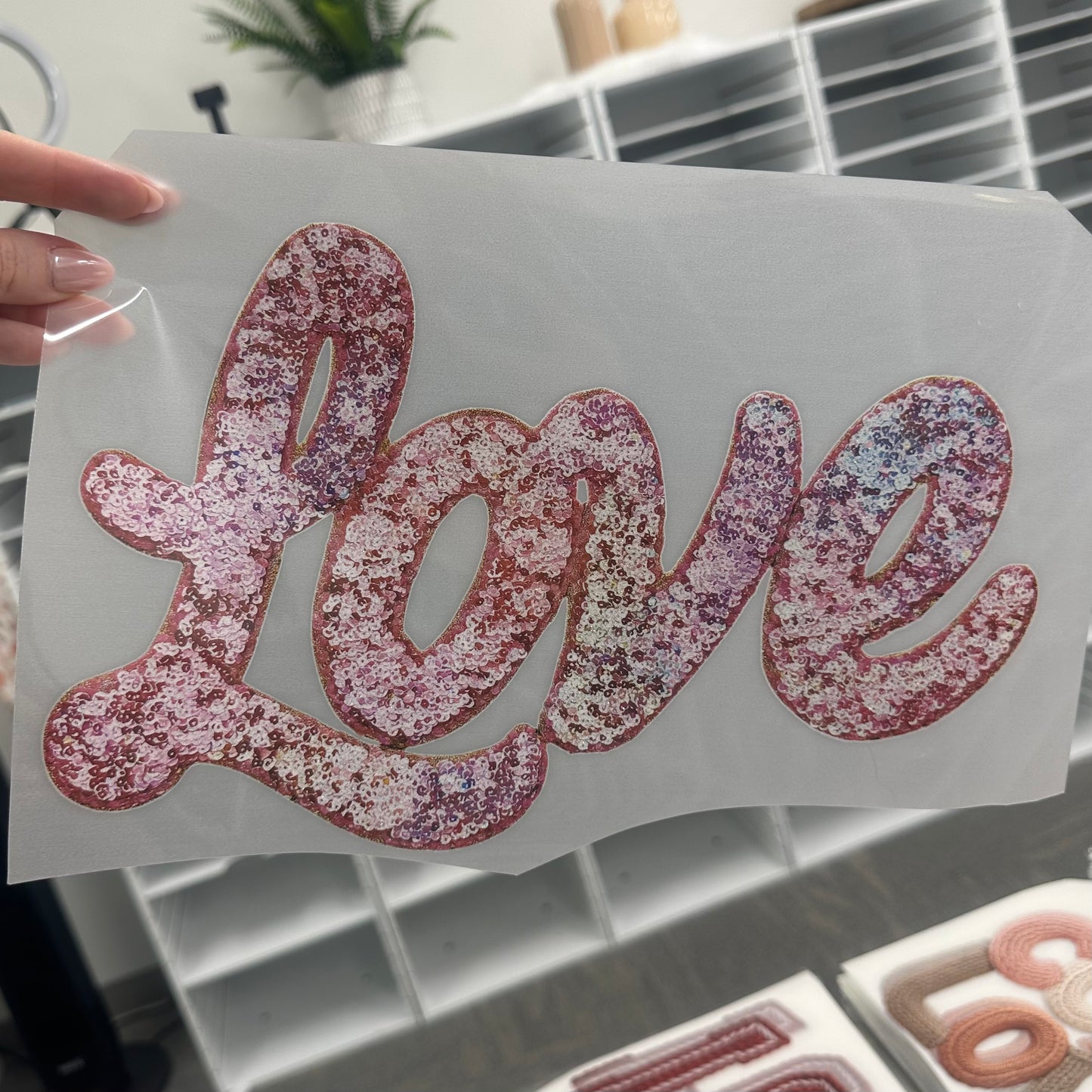 GLITTER Love clear film screen print