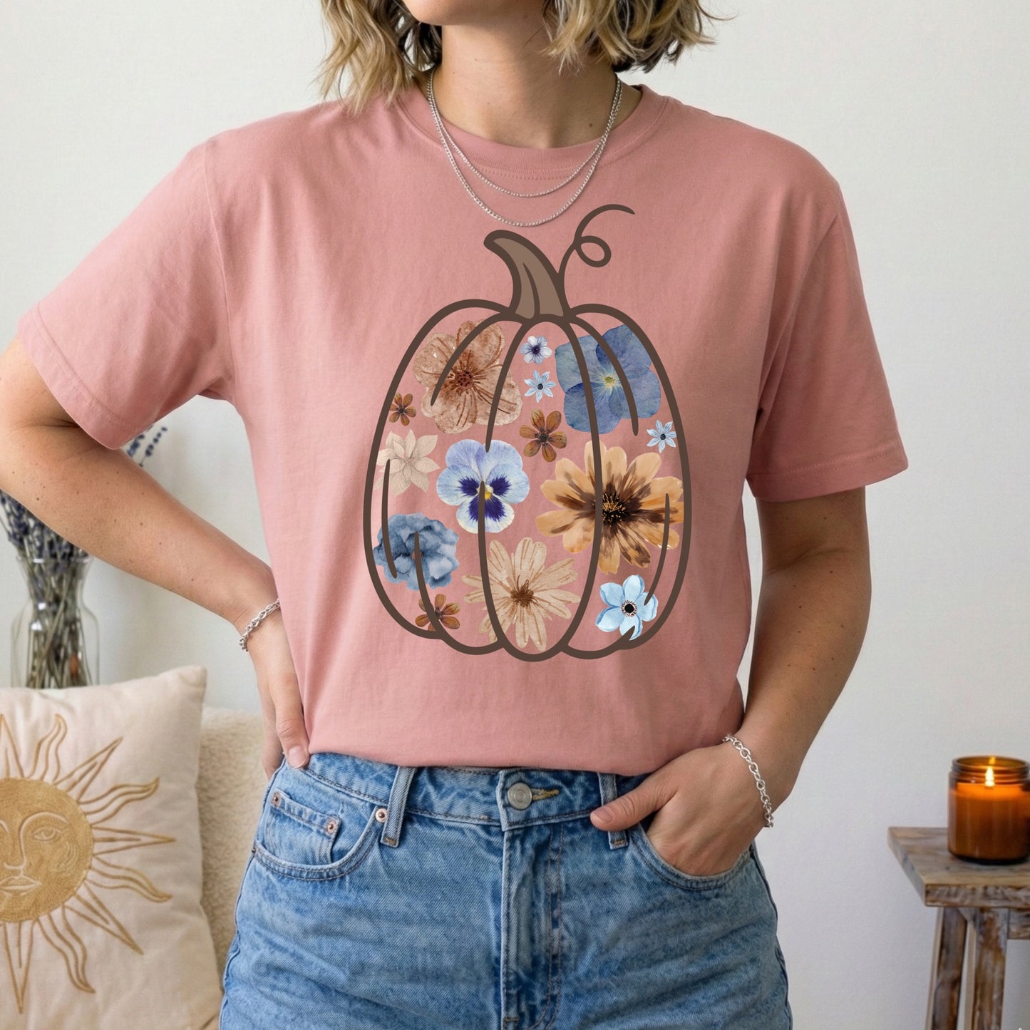 blue watercolor floral pumpkin clear film screen print