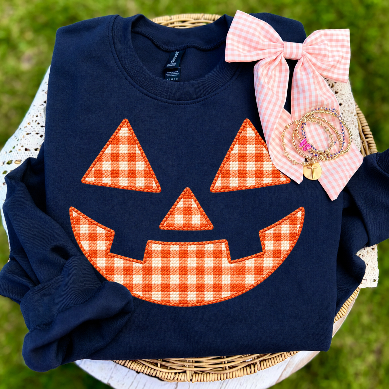 faux stitched pumpkin face clear film screen print